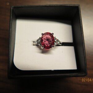 NEW Rosy Red dark Pink Oval CZ 6 rhinestones on sides silver plated ring bomb